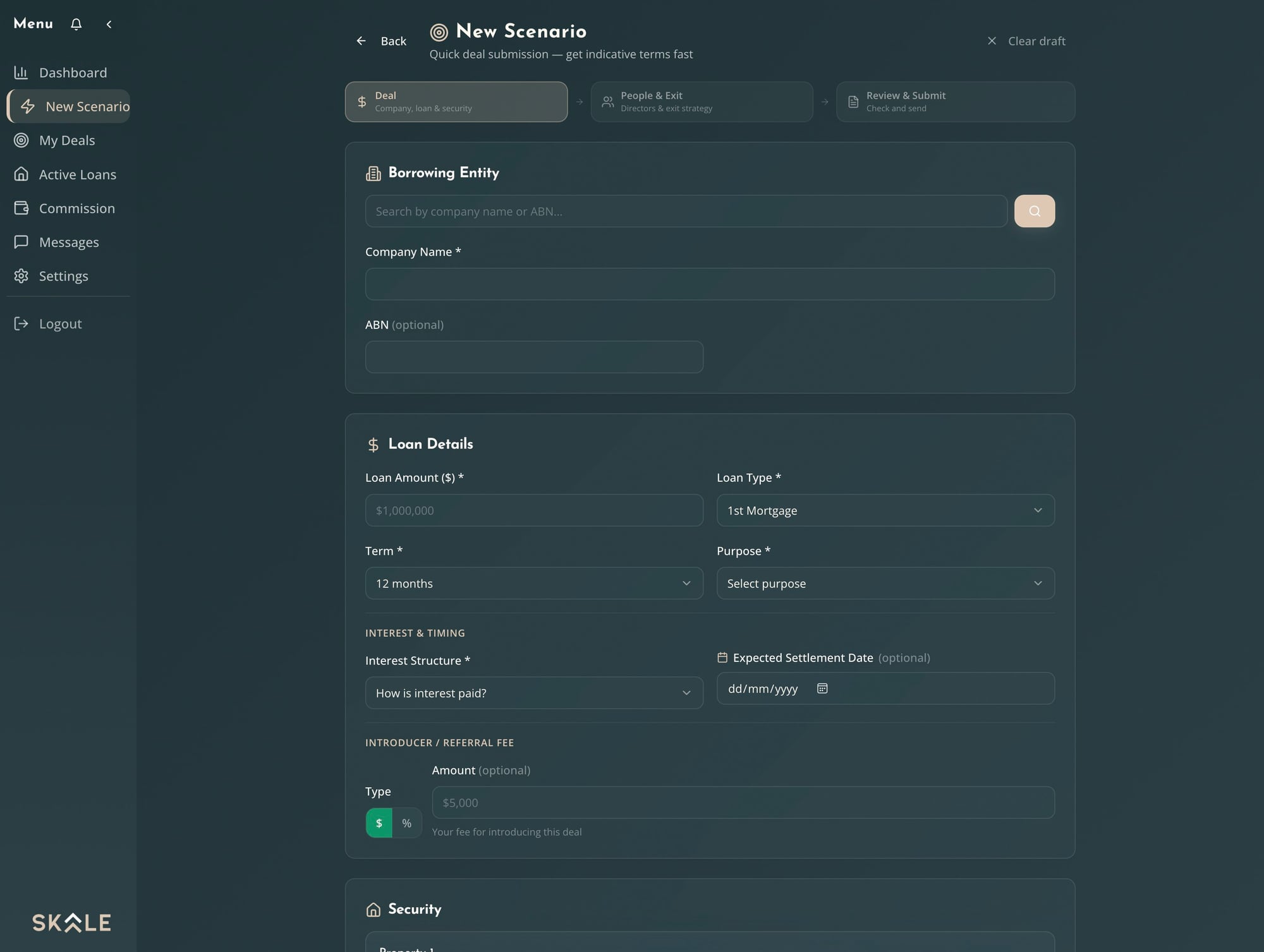 Submit a Scenario — Skale Capital broker portal
